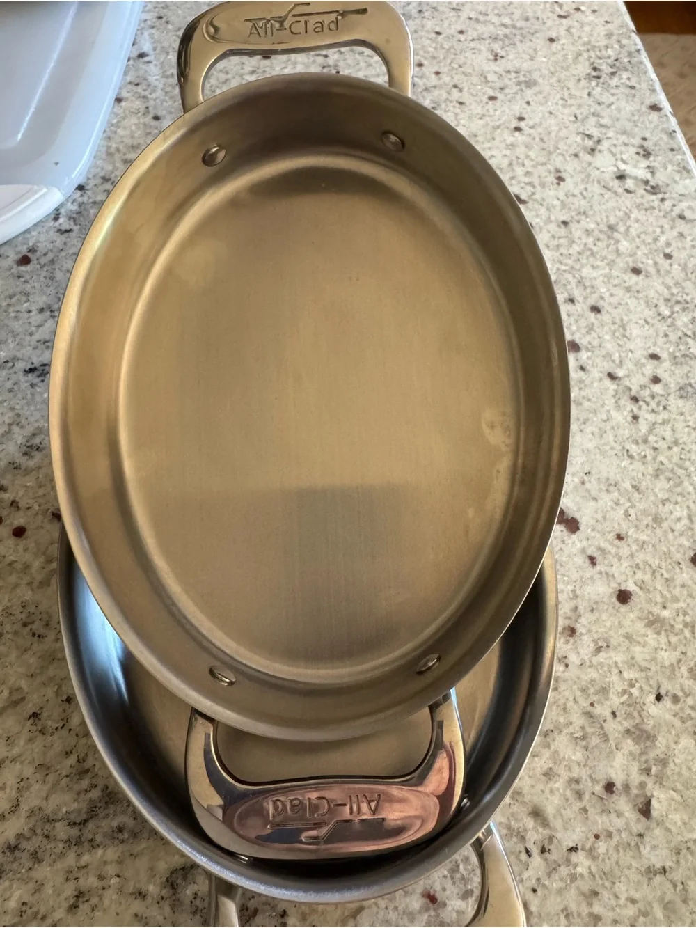 ALL CLAD MINI CASSEROLE PANS OVAL STAINLESS STEEL LIKE NEW CAPACITY IS 16 oz